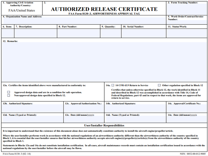 FAA Form 8130-3 template used for authorized release certification of aircraft components, showing standard fields for identification, status, and approval