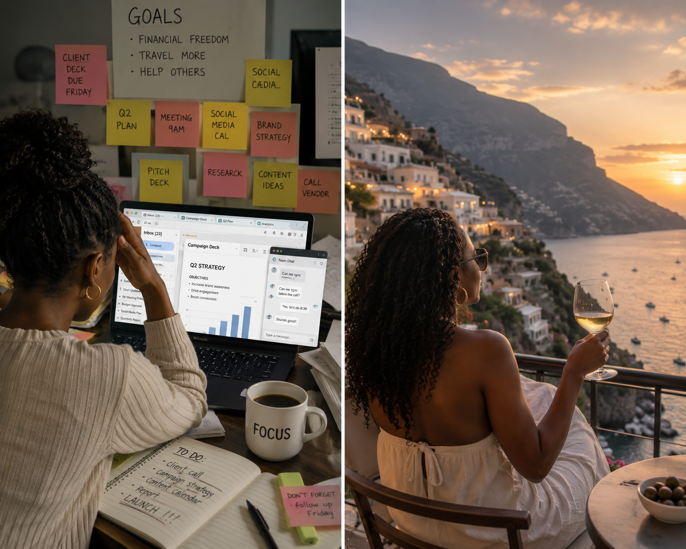 Side-by-side comparison of stressful travel planning vs. relaxed curated travel experience