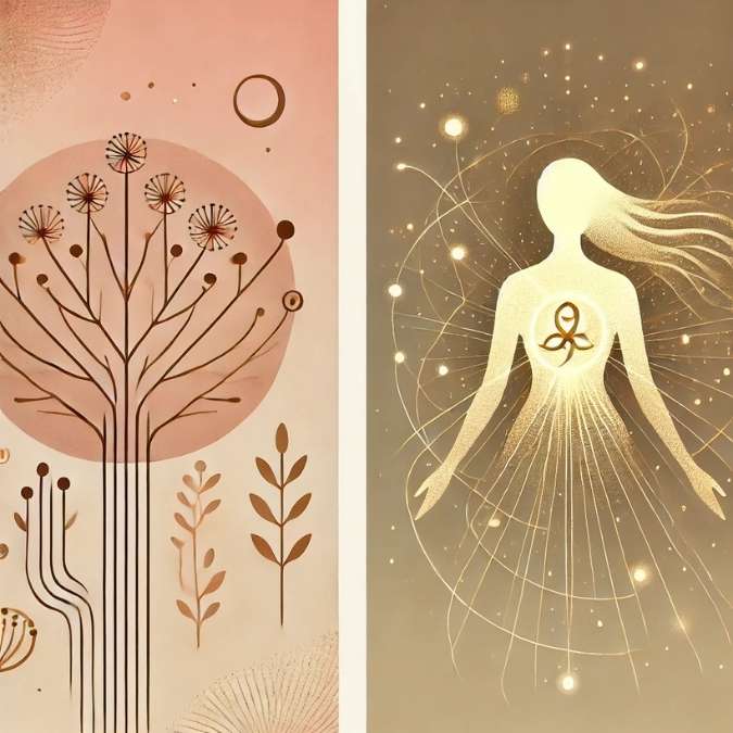 illustration symbolique représentant deux notions proches : un arbre stylisé évoquant la psychogénéalogie et une silhouette lumineuse illustrant les transmissions transgénérationnelles