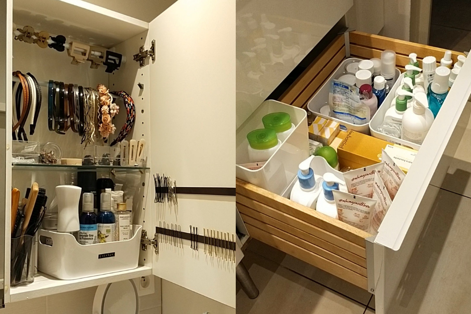 Salle de bains : réserve de produits et coin coiffage bien ordonnés