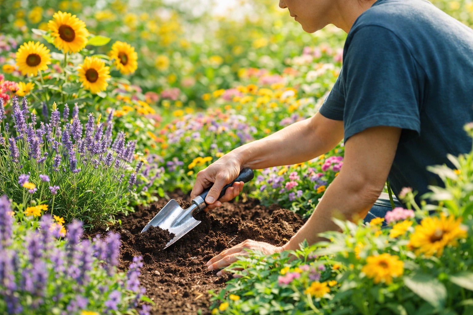  A bright, blooming garden filled with vibrant lavender, cheerful sunflowers, and rich green foliage, glowing in strong natural sunlight and creating an uplifting, peaceful scene.