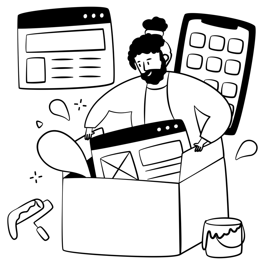 An illustration of a person looking in a huge box that contains a lot of digital elements: apps, screens, etc.