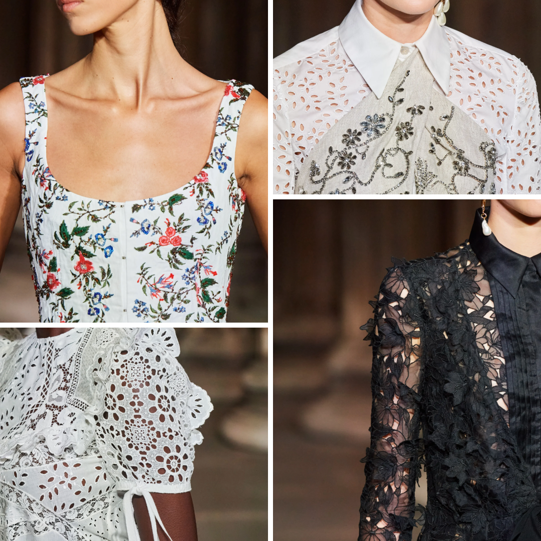 Garments from Erdem’s Spring/Summer 2022 collection featuring broderie anglaise, embroidered florals, black tulle appliqué, and dramatic collars—echoing the eccentric elegance of Edith Sitwell and Lady Ottoline Morrell.