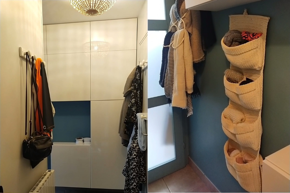 Entrée claire et rangée, manteaux triés et accrochés, écharpes et bonnets à leur place