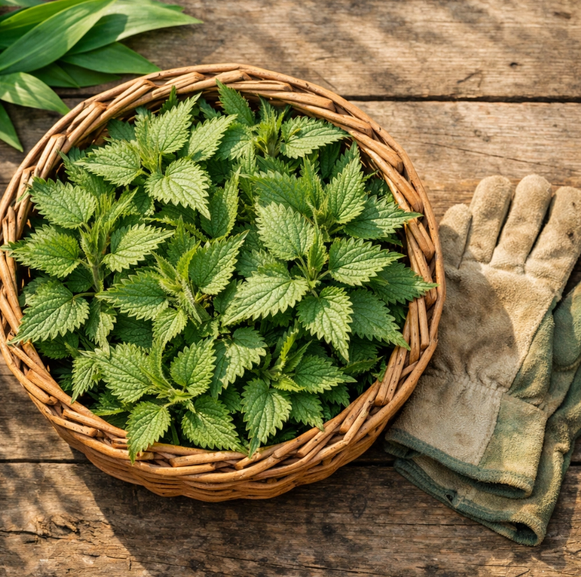 Fresh foraged nettle tips in wicker basket with gloves for safe spring foraging