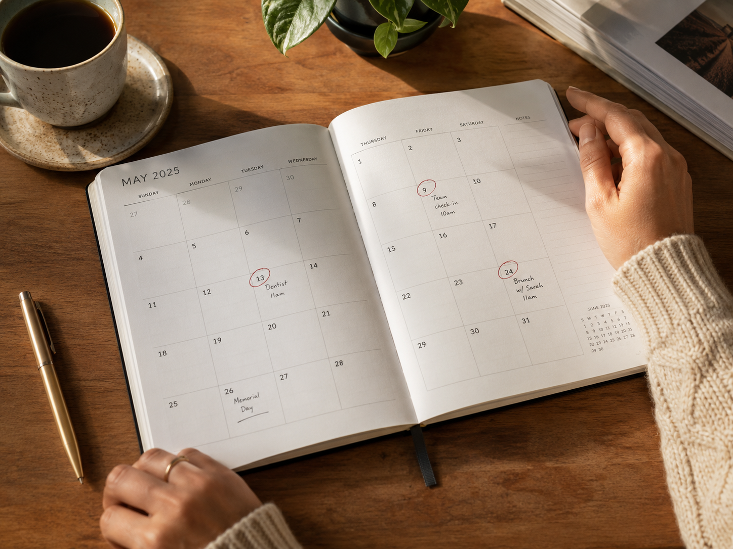 An open planner with travel dates circled, showing how to protect a ten day window for a group trip