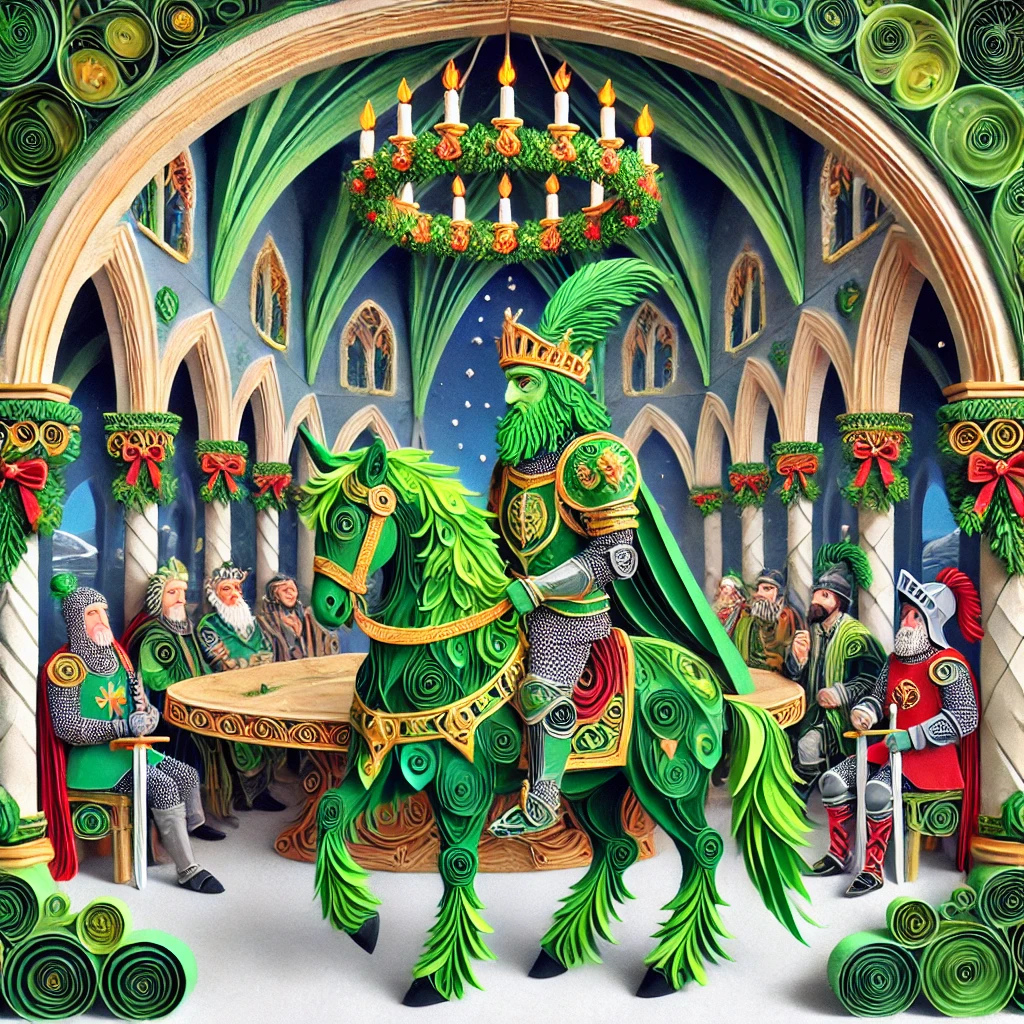 Knight on horseback, both green, in front of round table. Image in style of paper quilling.