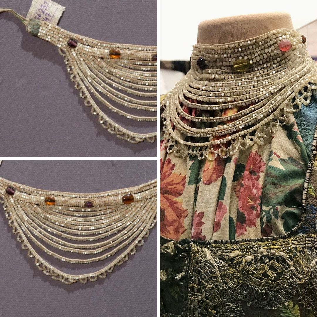 Collage showing a traditional Russian ozherelok necklace: flat lay of a beaded multi-strand piece and its display on a mannequin at the 2019 exhibition “Source of Inspiration: Theatrical and Folk Costume,” a joint project by GIM and the Bakhrushin Museum.
