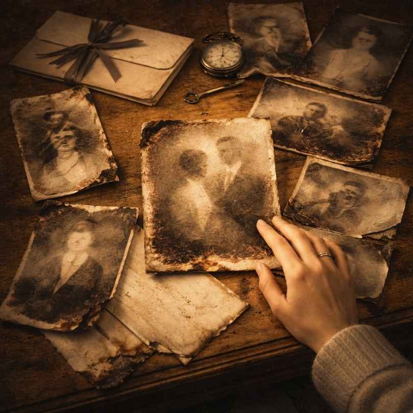 Vieilles photos de famille abîmées et partiellement effacées sur une table en bois, avec une main féminine posée dessus, symbolisant les secrets de famille, les souvenirs modifiés et les vérités silencieuses transmises à travers les générations.
