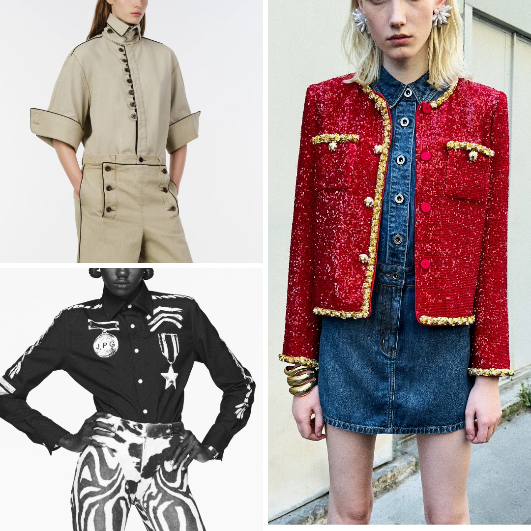 Resort 2027 military references reinterpreted by Sacai, Jean Paul Gaultier and Self-Portrait: Sacai’s button-and-loop fastening, Jean Paul Gaultier’s graphic military-regalia motifs, and Self-Portrait’s red paillette jacket with gold trim.