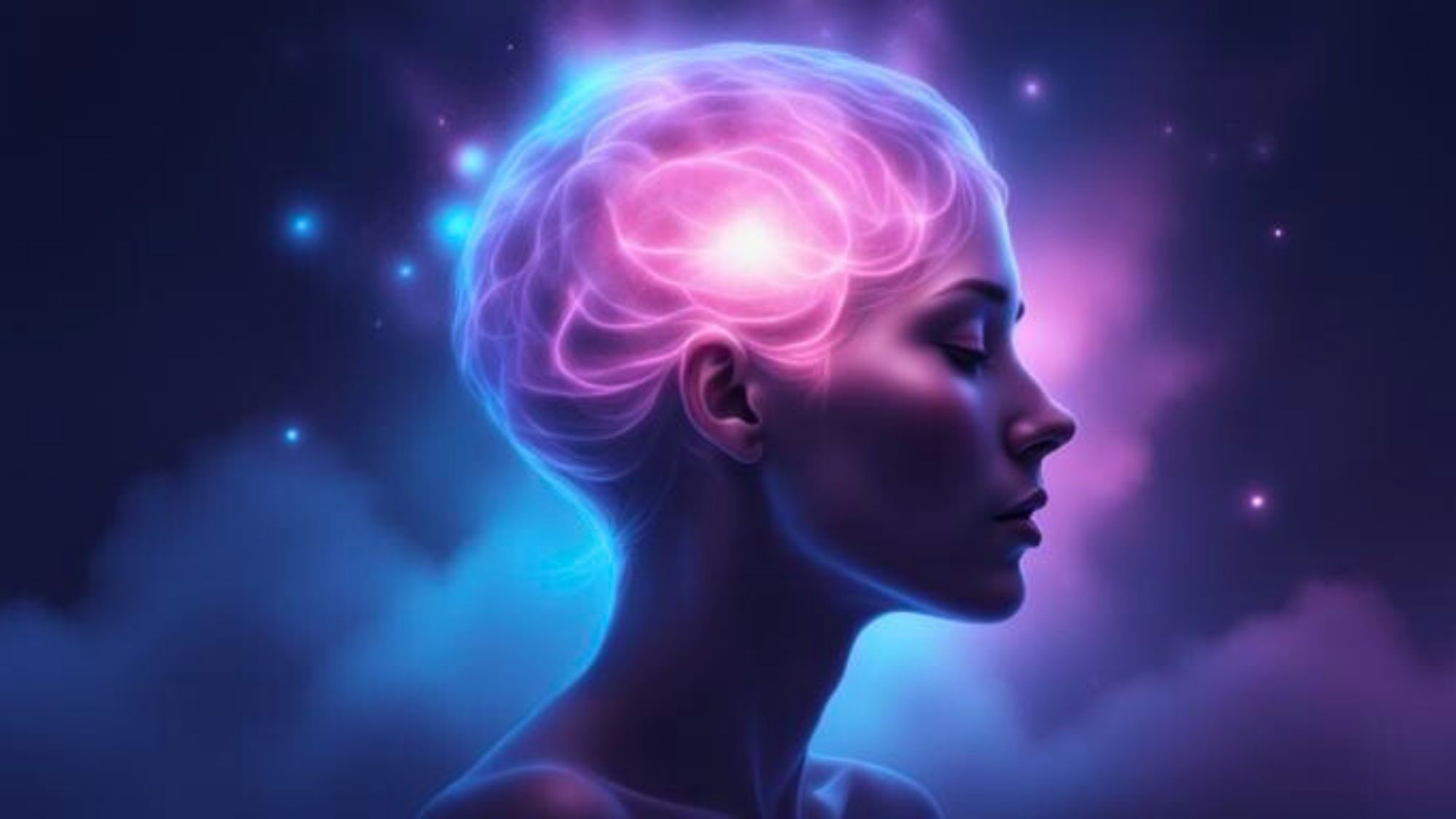 Side profile of a human figure in blue, pink, and purple tones with a softly glowing brain visible through the head, symbolizing overthinking, constant mental activity, and a mind stuck in analysis mode rather than rest.