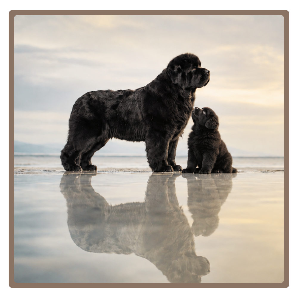 Black Newfoundland dog standing in shallow water with a reflection, representing thoughtful breeding decisions and future generations.