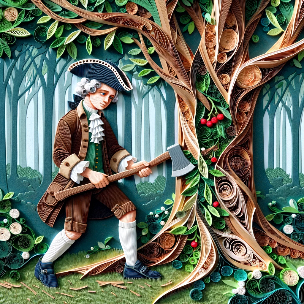 george washington standing next to cherry tree. image in the style of paper quilling.