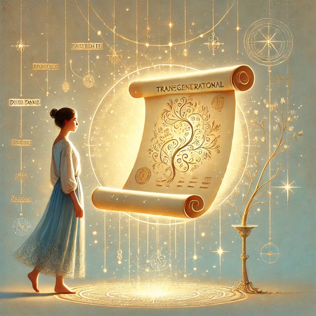 Illustration symbolique d’un rapport transgénérationnel personnalisé, avec une femme observant un document lumineux entouré d’un arbre généalogique et de symboles