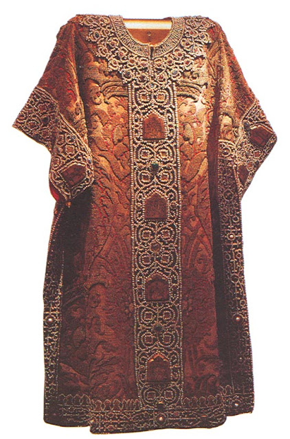 Sakkos of Patriarch Nikon (1653) - An embroidered ceremonial garment using pearl couching combined with gold and silver threads. It exemplifies pearl couching in religious vestments