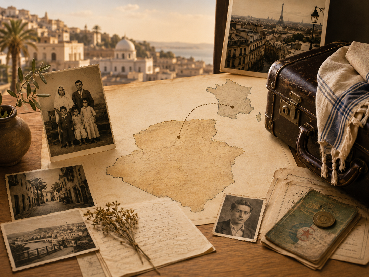 Photos de famille, carte de l’Algérie et lien vers la France illustrant une lignée algérienne en recherche transgénérationnelle