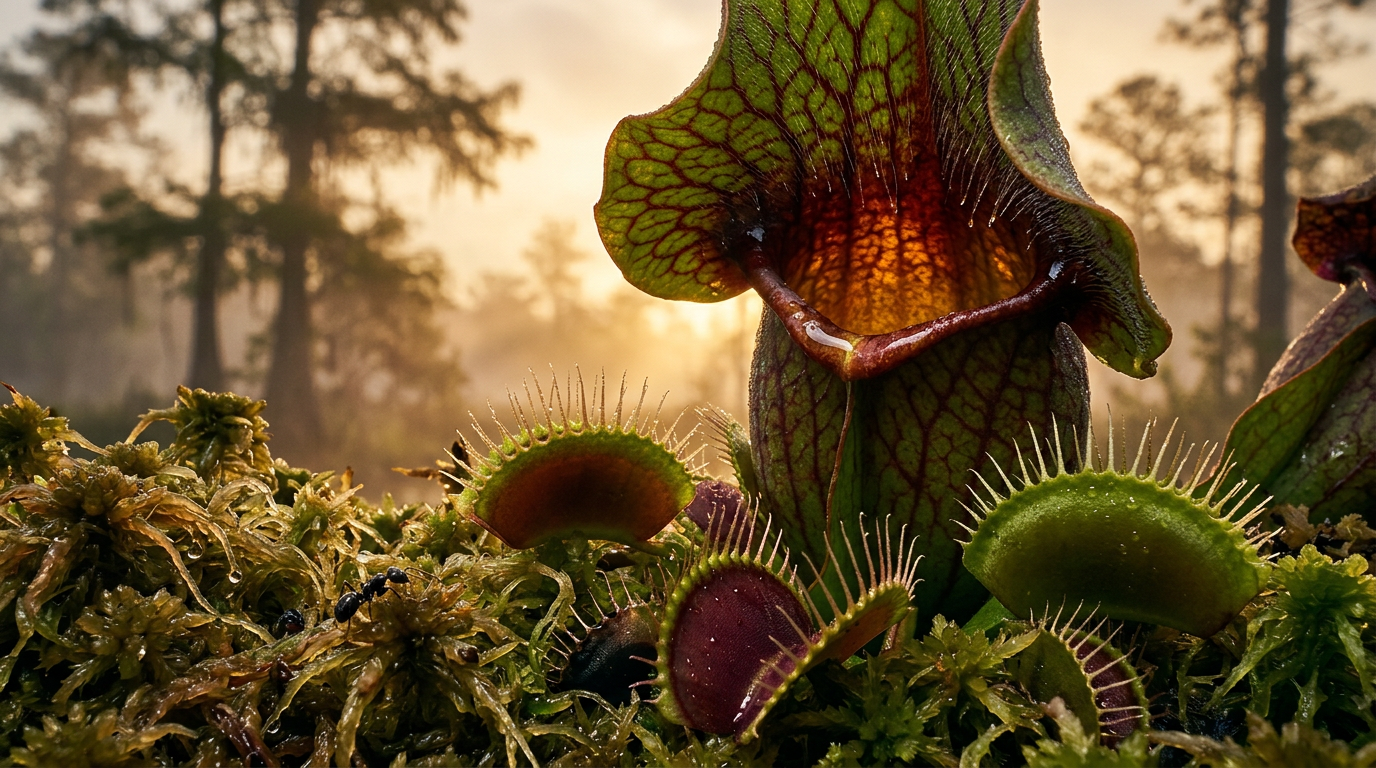A dramatic, low-angle macro photograph of carnivorous plants in a misty bog. A large, crimson-veined pitcher plant looms over several Venus flytraps nestled in thick, wet sphagnum moss. An ant is visible on the moss in the foreground, emphasizing the scale. The background is a soft-focus bog with silhouetted cypress trees and a brilliant, hazy golden hour sun filtering through the mist, highlighting the translucent textures and fine hairs of the plants.