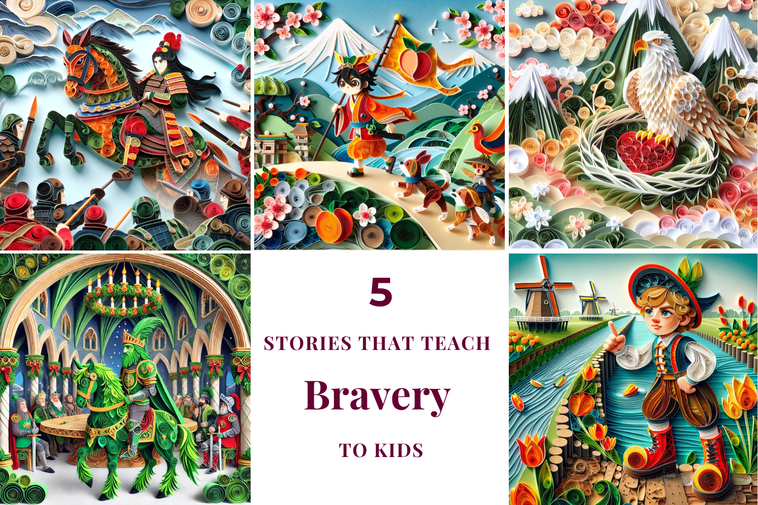 Collage of 5 pictures showing stories that can help teach bravery to kids. Image in the style of paper quilling.
