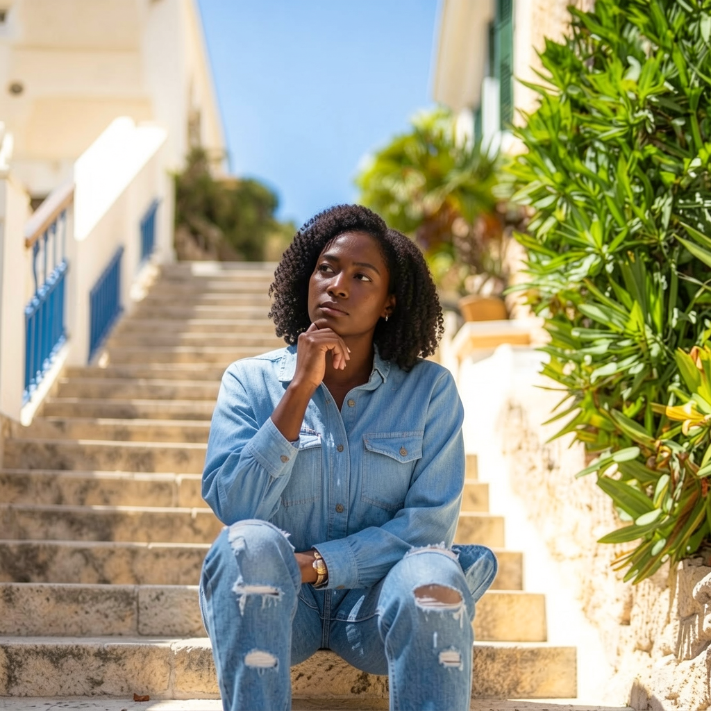 Woman sitting in an unfamiliar place reflecting on her life