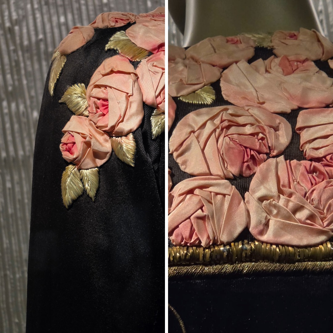 Close-up details of pink roses and embroidered leaves on Schiaparelli’s 1937 rose evening coat and its modern Schiaparelli interpretation.