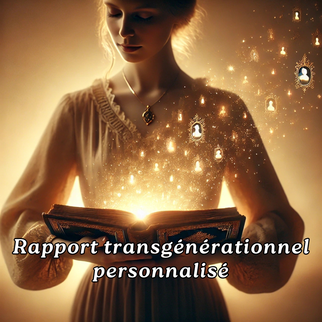 Femme tenant un livre ancien lumineux dont s’élèvent des silhouettes d’ancêtres, représentant la lecture transgénérationnelle personnalisée et la libération symbolique