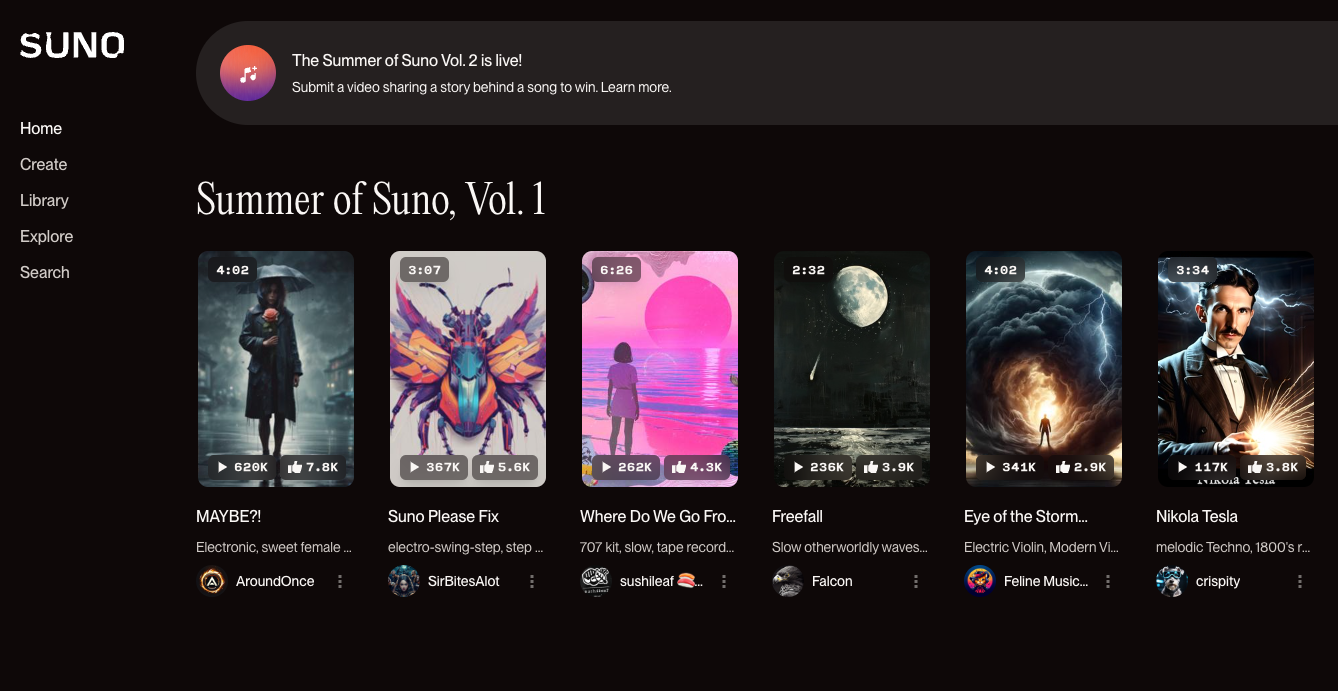 Suno home page screenshot
