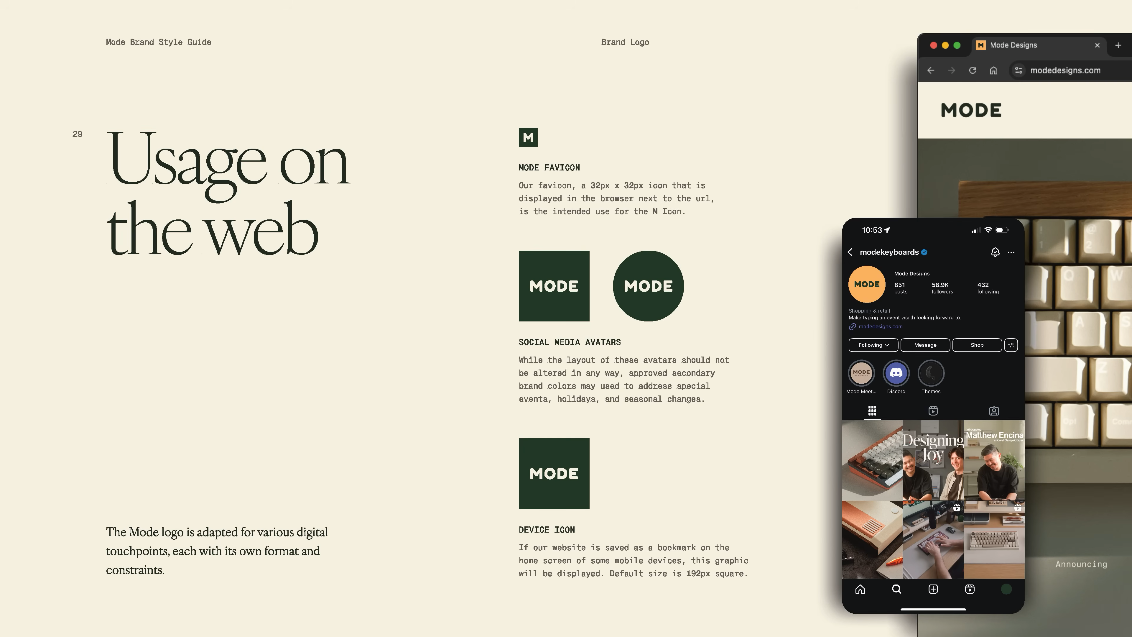 A detailed look at how Mode adapts its logo for digital platforms, including web favicons, social media avatars, and mobile device icons. Taken from the brand guidelines video, this page demonstrates best practices for cohesive branding across all digital touchpoints, a crucial step for any modern DTC or e-commerce tech business.