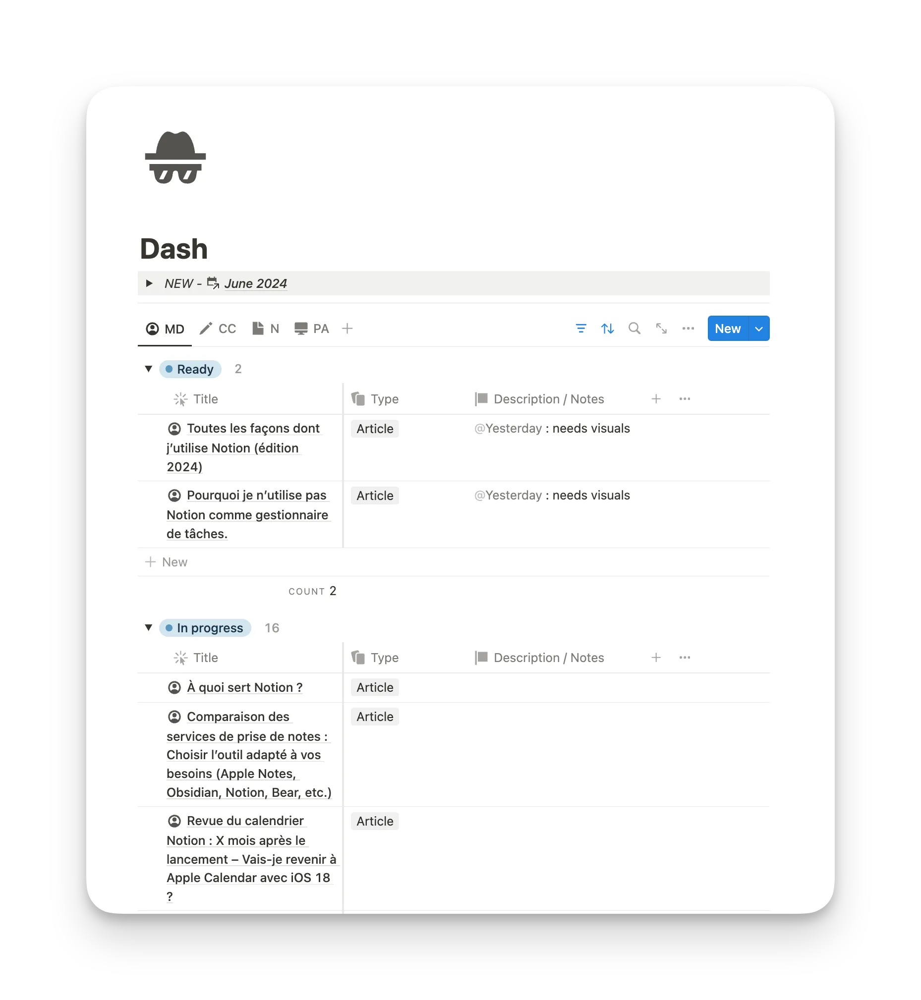 Tableau de bord de mon espace sur Notion