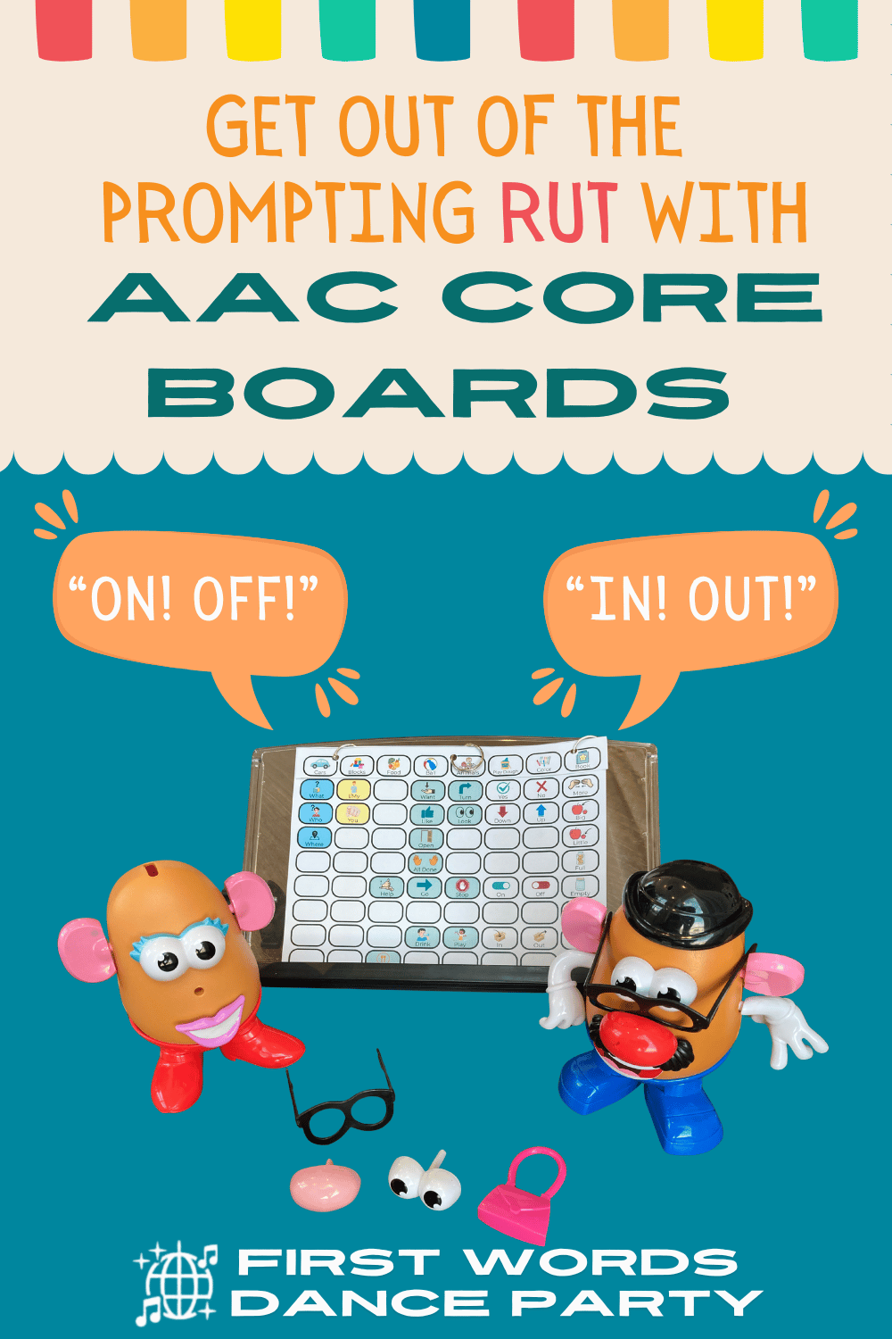 Two Mr. Potato Heads and their accessories pictured beside AAC core boards.