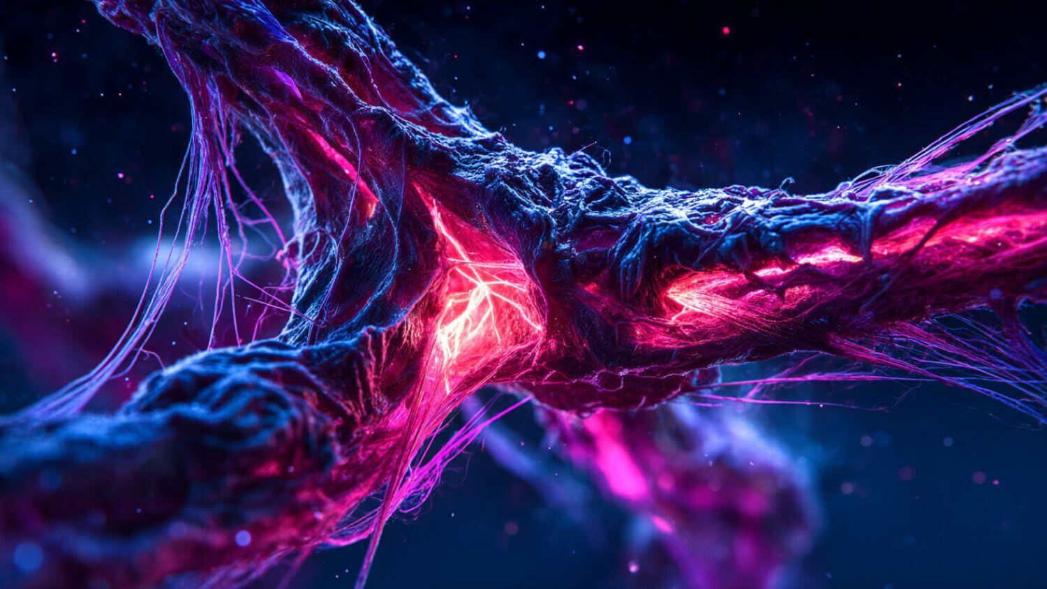Close-up abstract image of glowing neural tissue in deep blue and violet tones, bright magenta energy pulsing through branching nerve-like structures against a dark background, symbolizing stored trauma, stress activation, and the body’s internal memory system.