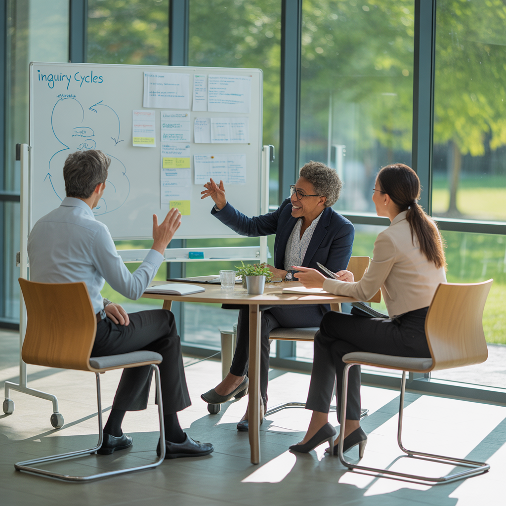 people at table looking at board