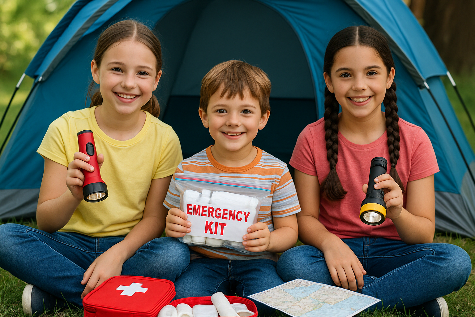 brothers and sister by the tent