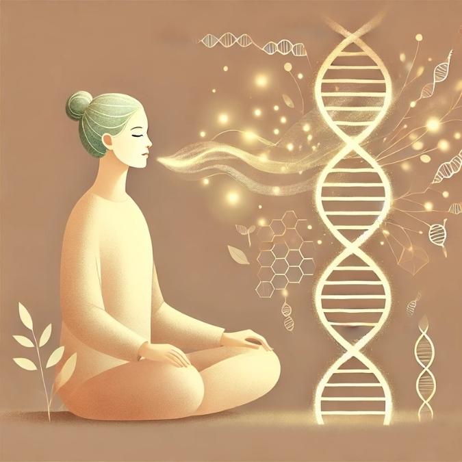 illustration symbolique d’une femme en méditation entourée de symboles de respiration, d’alimentation vibratoire et de rituels, représentant les techniques naturelles pour influencer l’épigénome