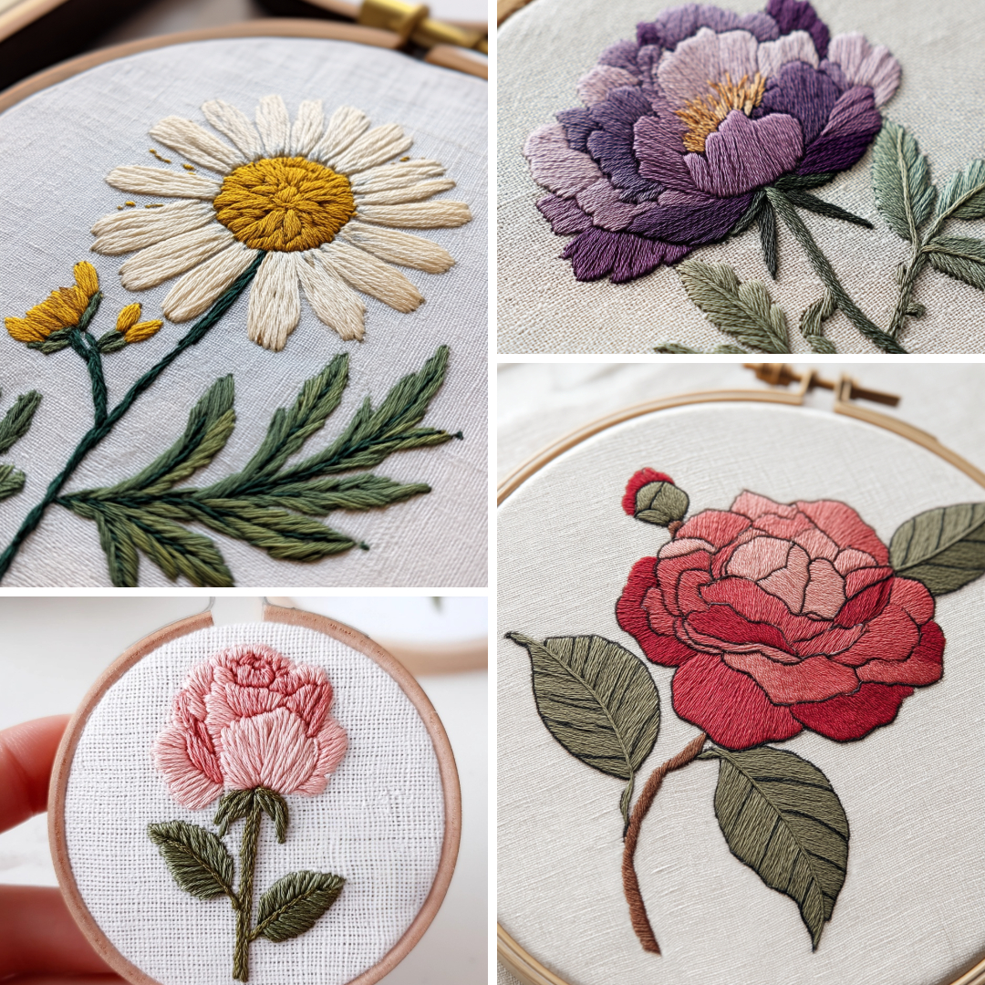 Collage of traditional flat floral embroidery patterns, showcasing stitched daisies, roses, and peonies in soft colours, illustrating basic embroidery styles compared to couture floral embellishment