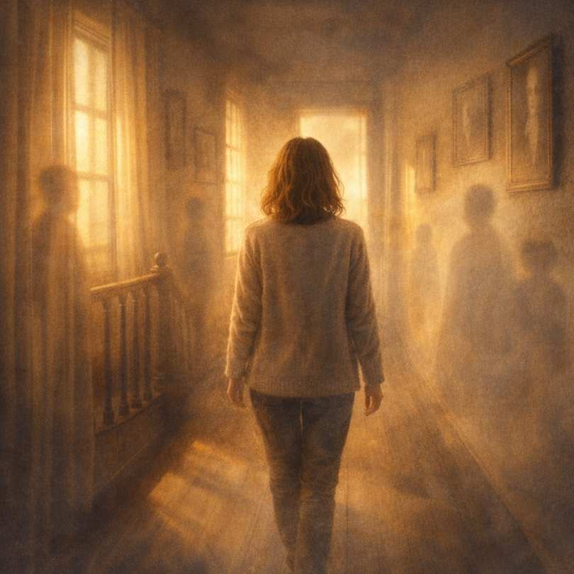 Femme de dos marchant dans un couloir ancien baigné de lumière dorée, entourée d’ombres floues évoquant les secrets de famille et la transmission transgénérationnelle invisible.