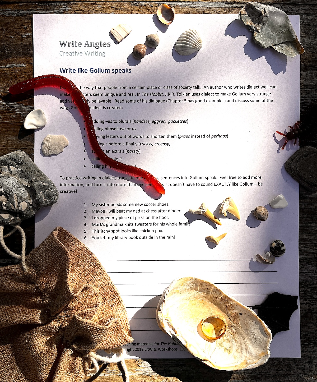 The contents of Gollum's pocket - pocket-bag and creative writing worksheet for a two-part activity in The LitWits Kit for JRR Tolkien's THE HOBBIT 