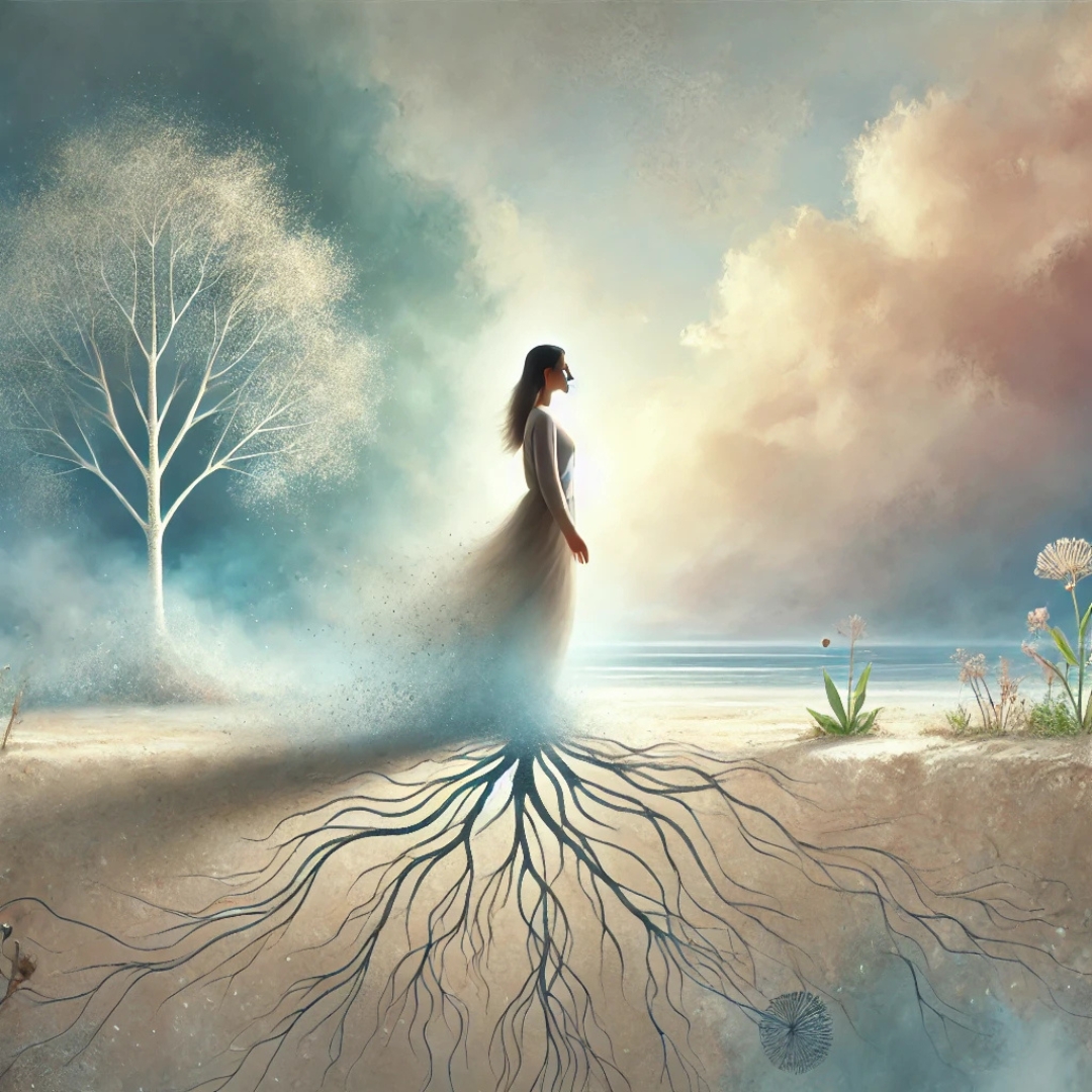 Femme debout dans un paysage brumeux, baignée de lumière, libérée de racines symboliques, représentant la libération du syndrome du gisant