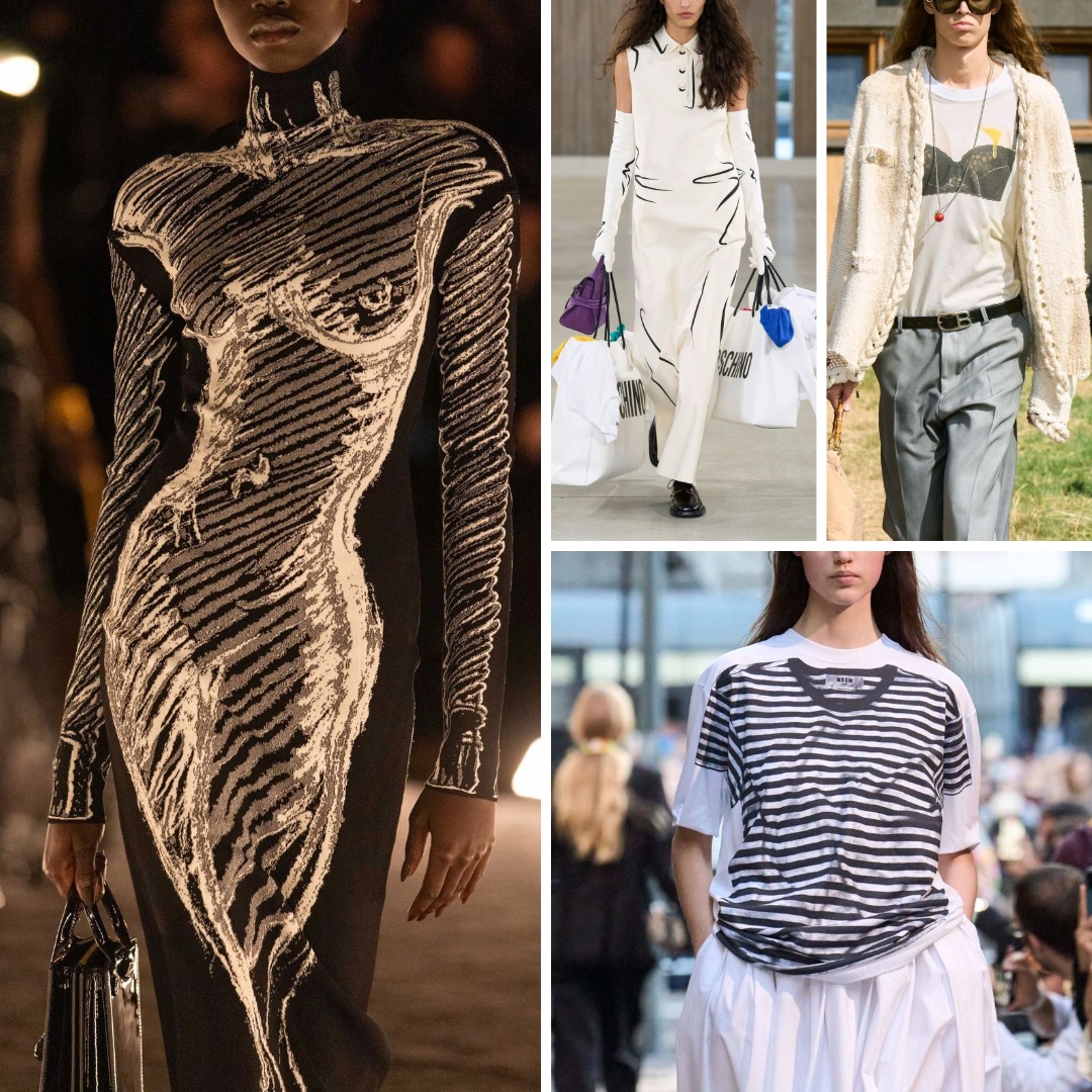 Spring/Summer 2026 runway looks illustrating the “Work a Sight Gag” trend: trompe l’oeil anatomical embroidery on a dress, drawn seam and construction lines on a white dress, a printed bra graphic on a T-shirt, and a printed layered T-shirt effect worn over a skirt.