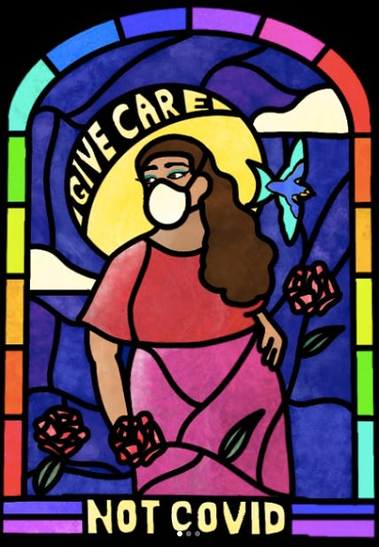 Illustration en vitrail où on voit une personne aux cheveux longs portant un masque FFP2 et entourée d'oiseaux et de fleurs et du texte: give care not covid