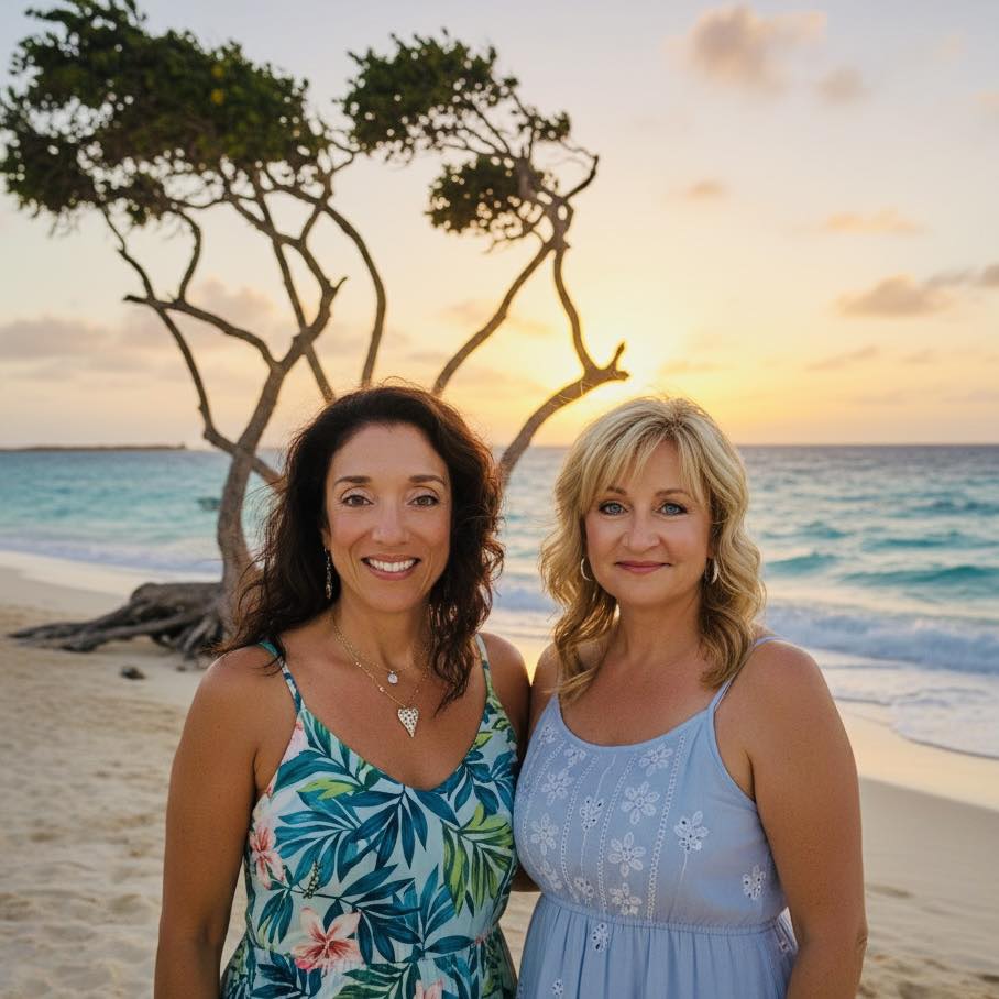 AI-generated image of two women standing on a beach at sunset, symbolizing connection and reflection for the Soul + Strategy Women's Retreat in Aruba.