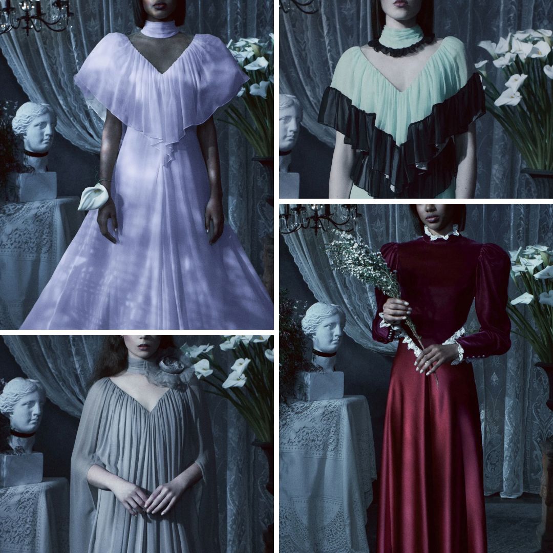 Rodarte Fall 2025 collection featuring soft pastel gowns in lavender, mint, grey, and crimson with dramatic silhouettes and delicate fabrics
