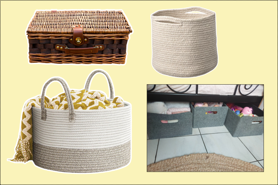 Panière ou grand panier de rangement pour regrouper plaids, jouets ou objets du quotidien : une solution simple pour ranger rapidement tout en gardant un intérieur ordonné.