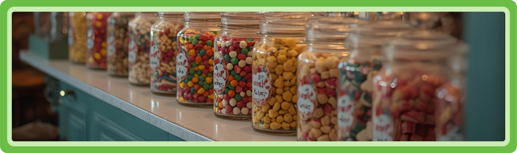 Potten met snoep in een nostalgische snoepwinkel probeer dan maar suikervrij te leven