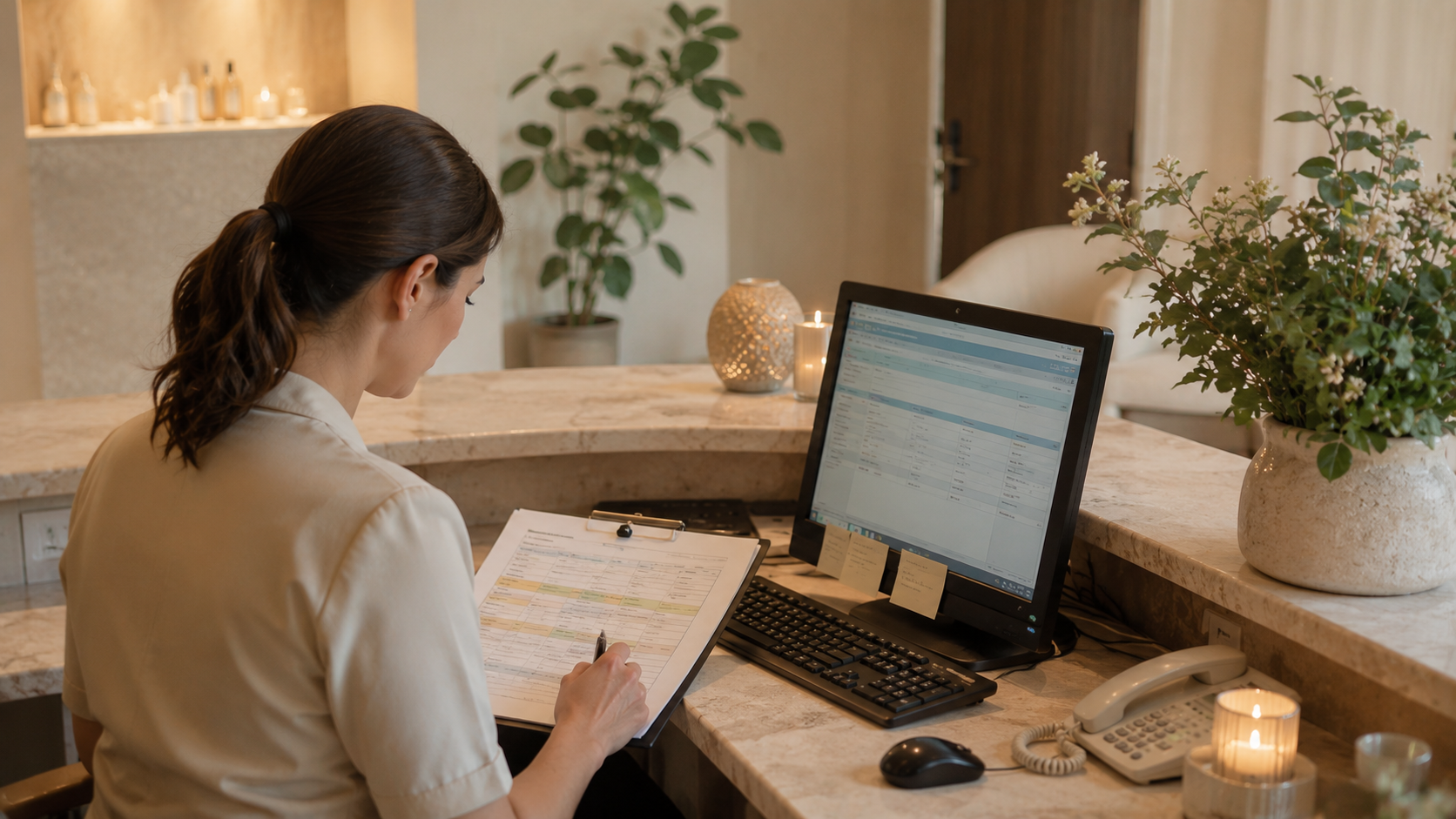 Editorial photograph of a hotel spa reception desk, shot from behind or beside the receptionist. A printed paper booking sheet or clipboard is visible alongside a computer screen. The desk is tidy but clearly not tech-forward. Warm, soft lighting typical of a spa environment. No guests. No branding visible. The atmosphere is calm but slightly dated.