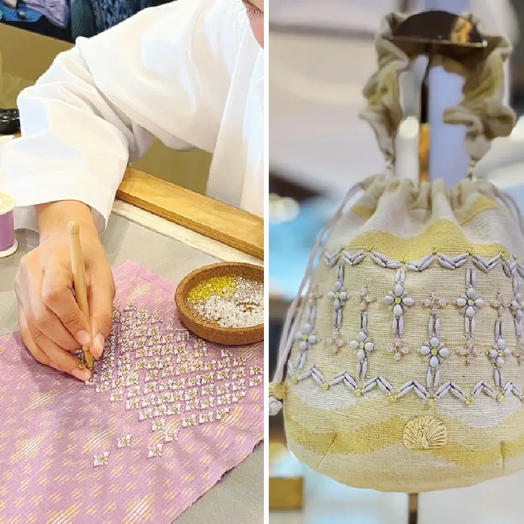 SIRIVANNAVARI S’Craft embroidery in progress on Thai woven silk beside a finished bag decorated with beads and crystals.