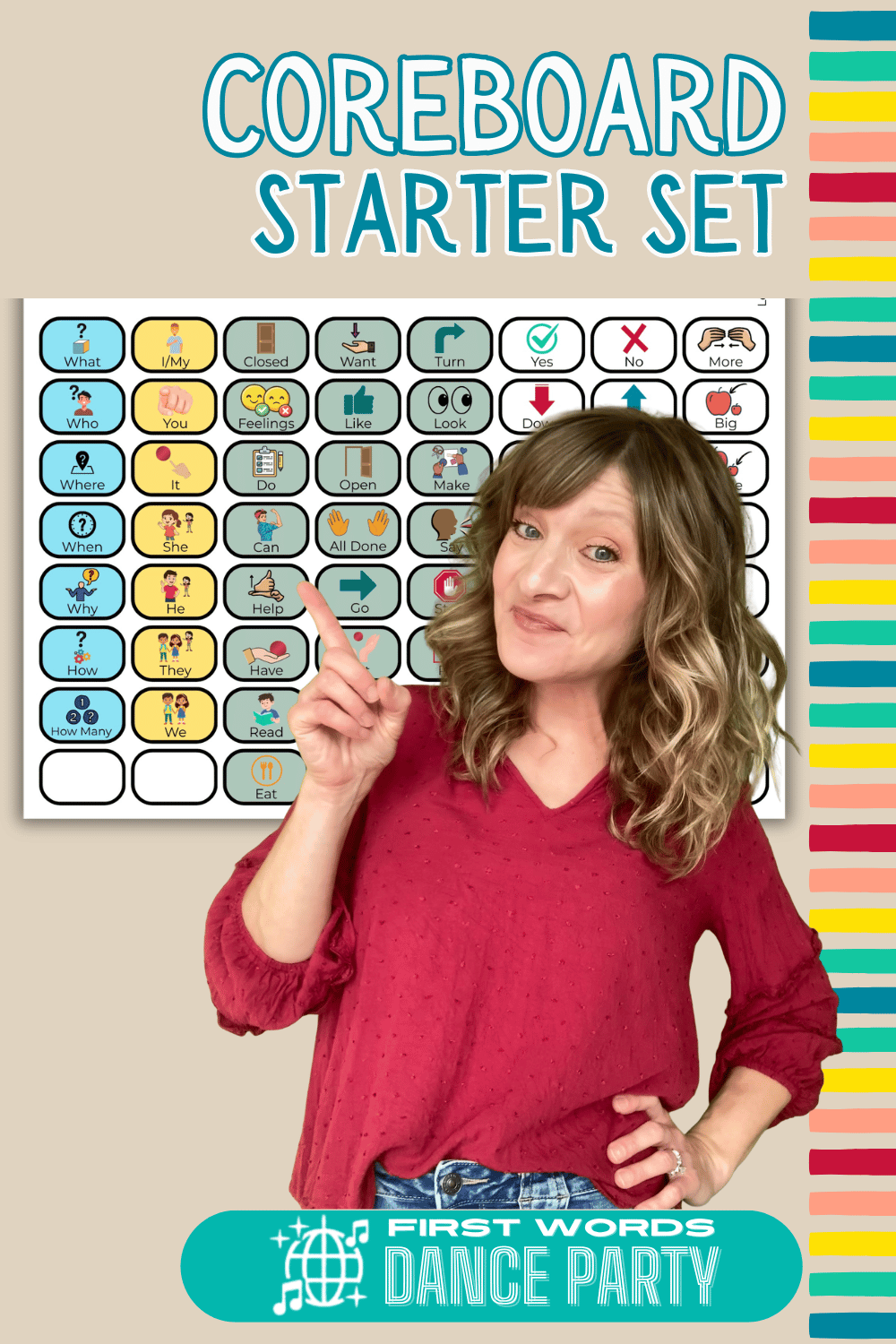 The teacher behind First Words Dance Party® pointing to a coreboard.