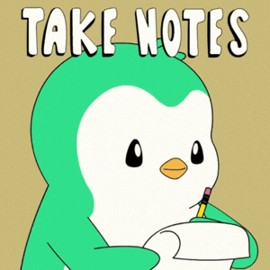 Gif pinguin vert qui prend des notes