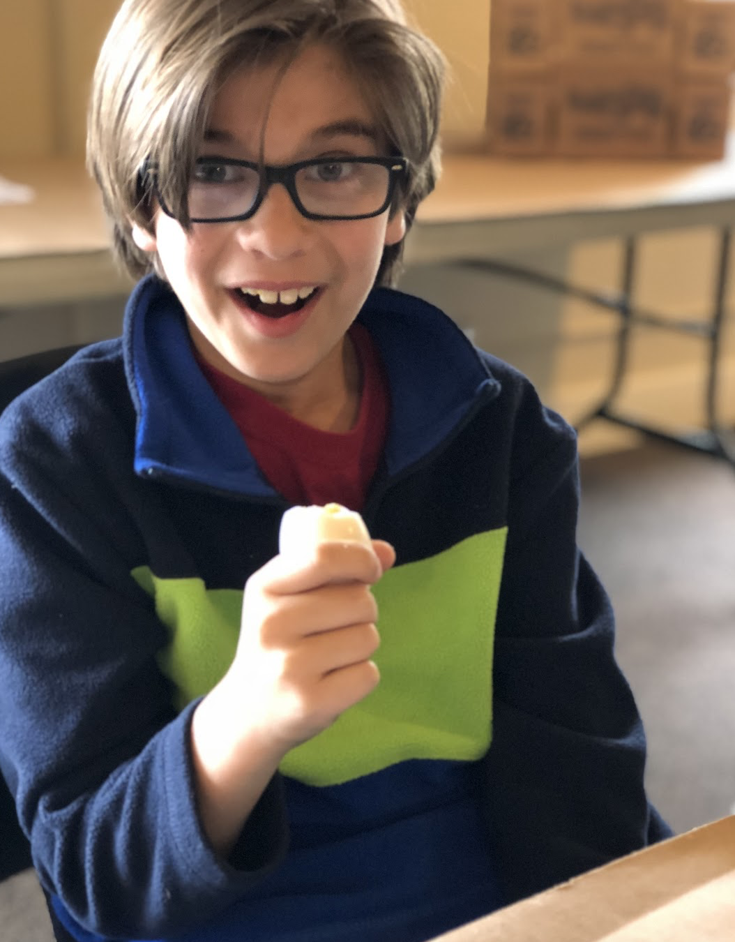 "The smell! The smell!"  Chuck smells the egg and knows sulfur will save the day for the Mushroom People.