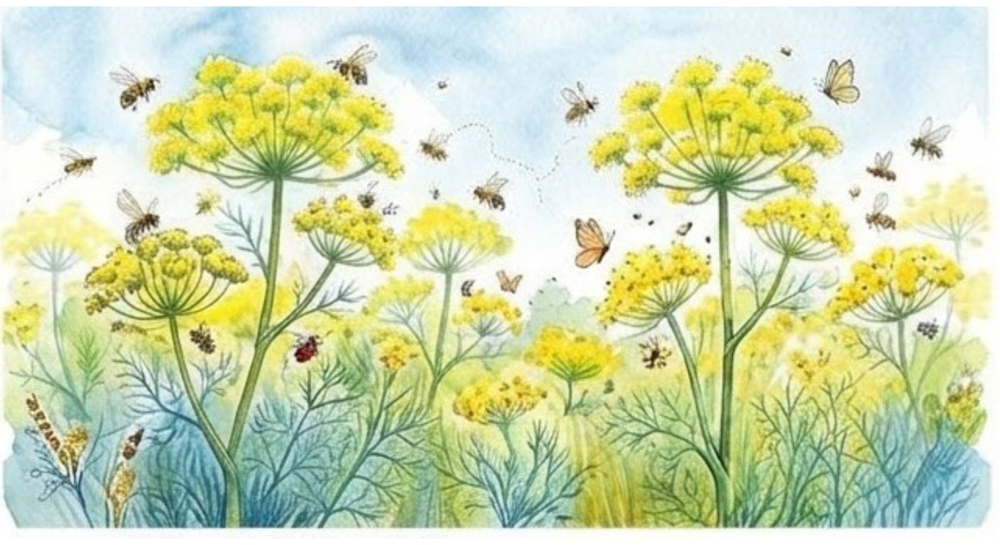venkel (Foeniculum vulgare) in een permacultuur systeem trekt gunstige insecten aan