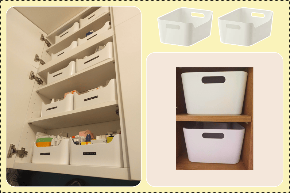 Bacs de rangement ouverts utilisés pour organiser facilement les placards et tiroirs de la maison.
